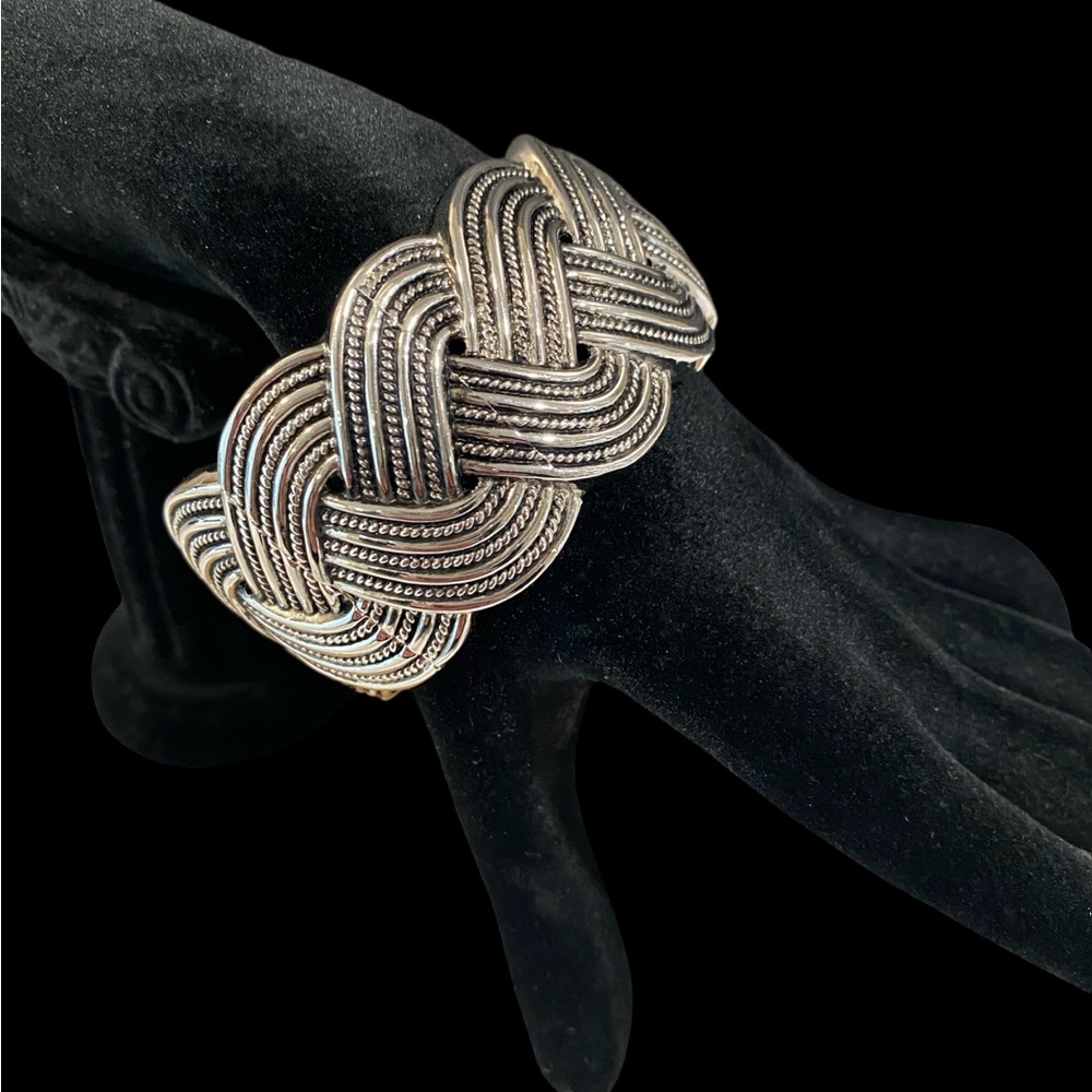 Silver Tone Clamper Hinged Bracelet with Braided Pattern